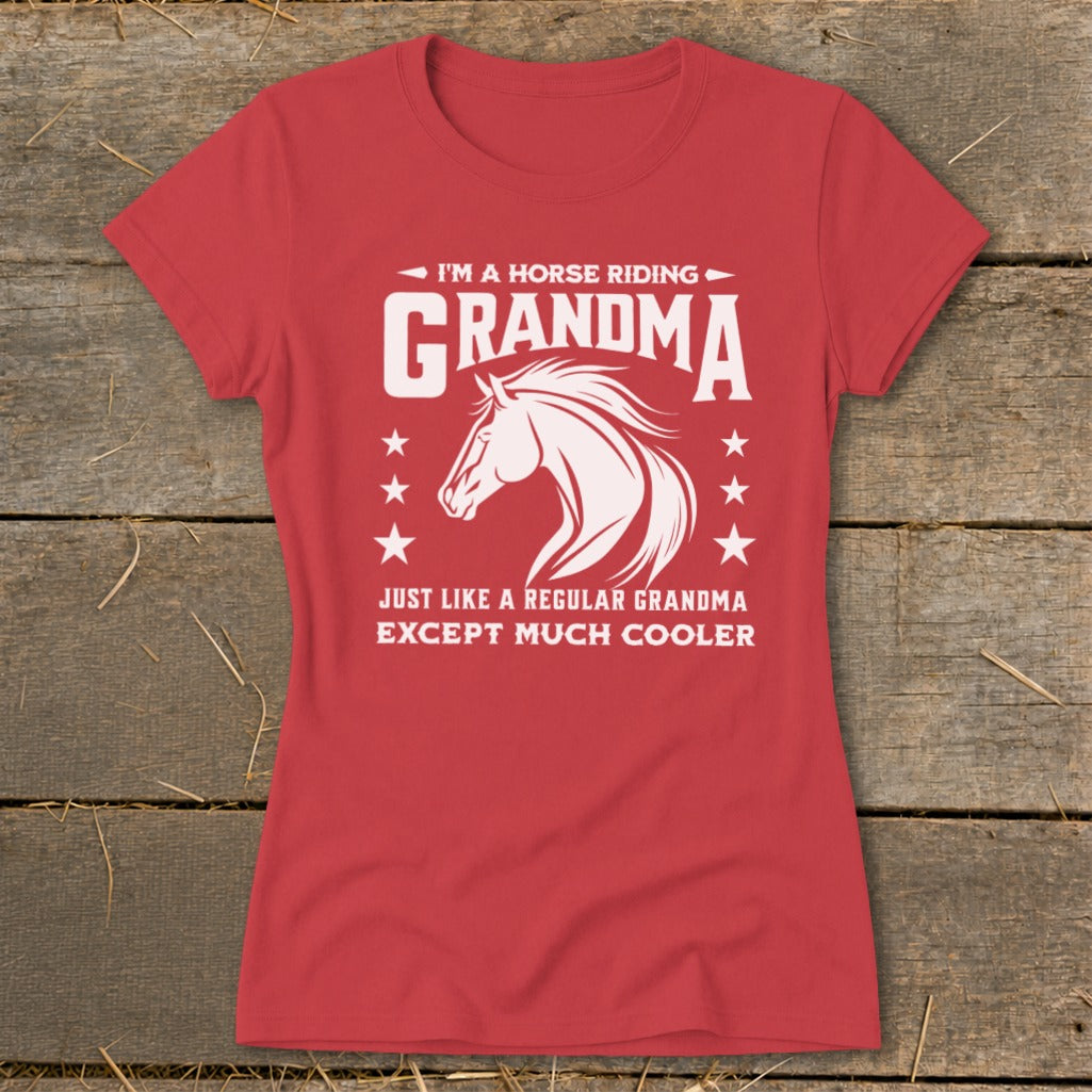 Red t-shirt with white text and horse graphic saying "Grandma"