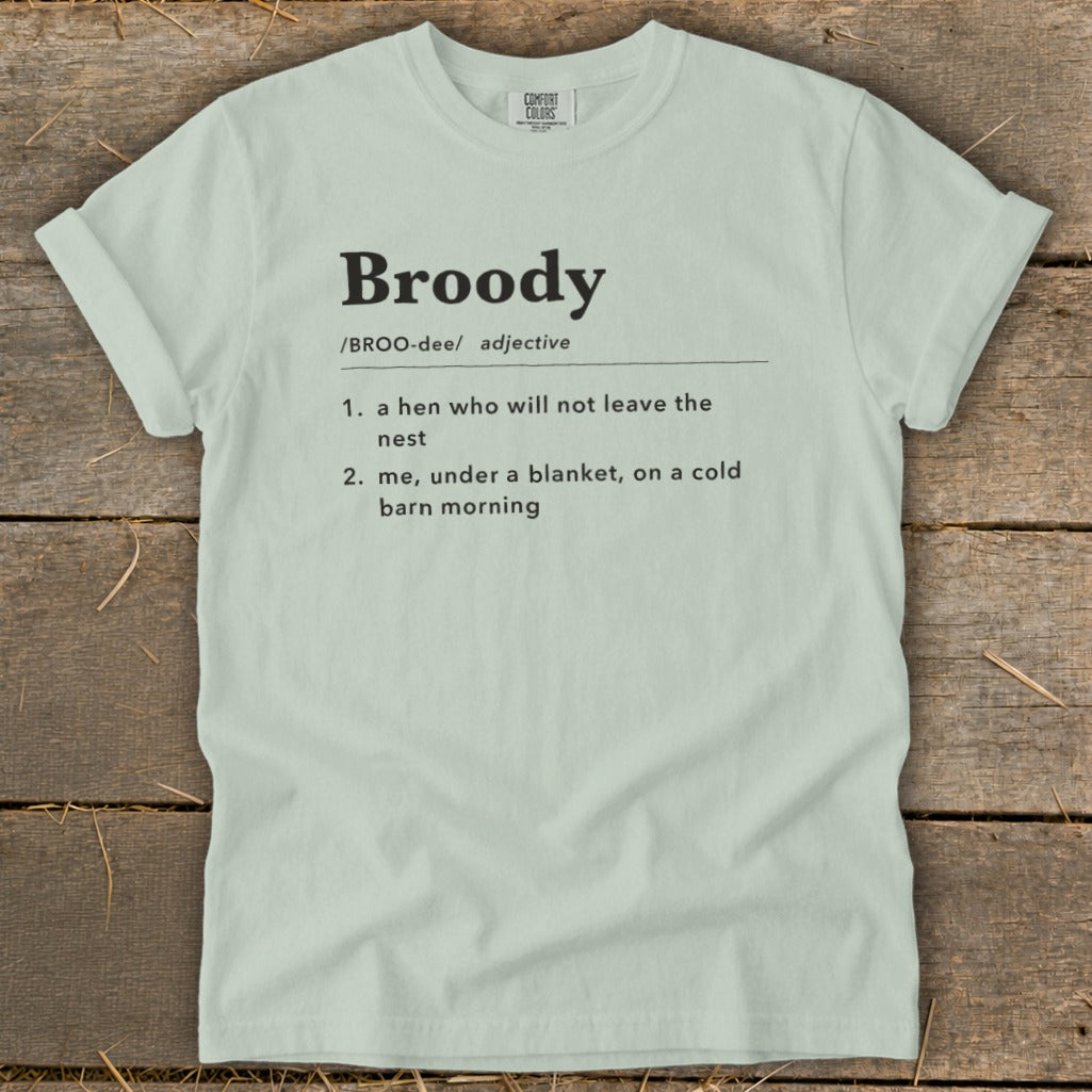 Light green t-shirt with "Broody" definition: "a hen who will not leave the nest" and "me, under a blanket, on a cold barn morning".