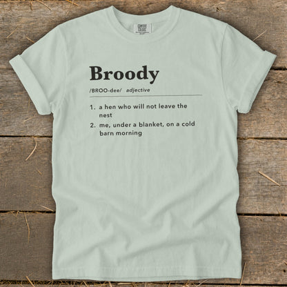 Light green t-shirt with "Broody" definition: "a hen who will not leave the nest" and "me, under a blanket, on a cold barn morning".