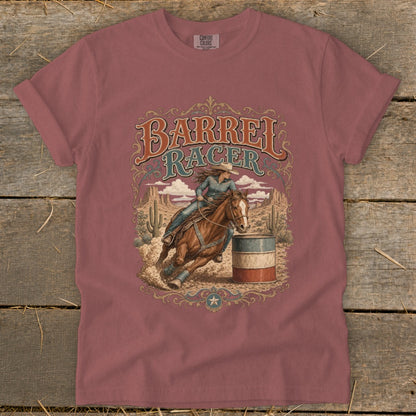 Barrel racer on horse rounding barrel in desert landscape with "Barrel Racer" text.