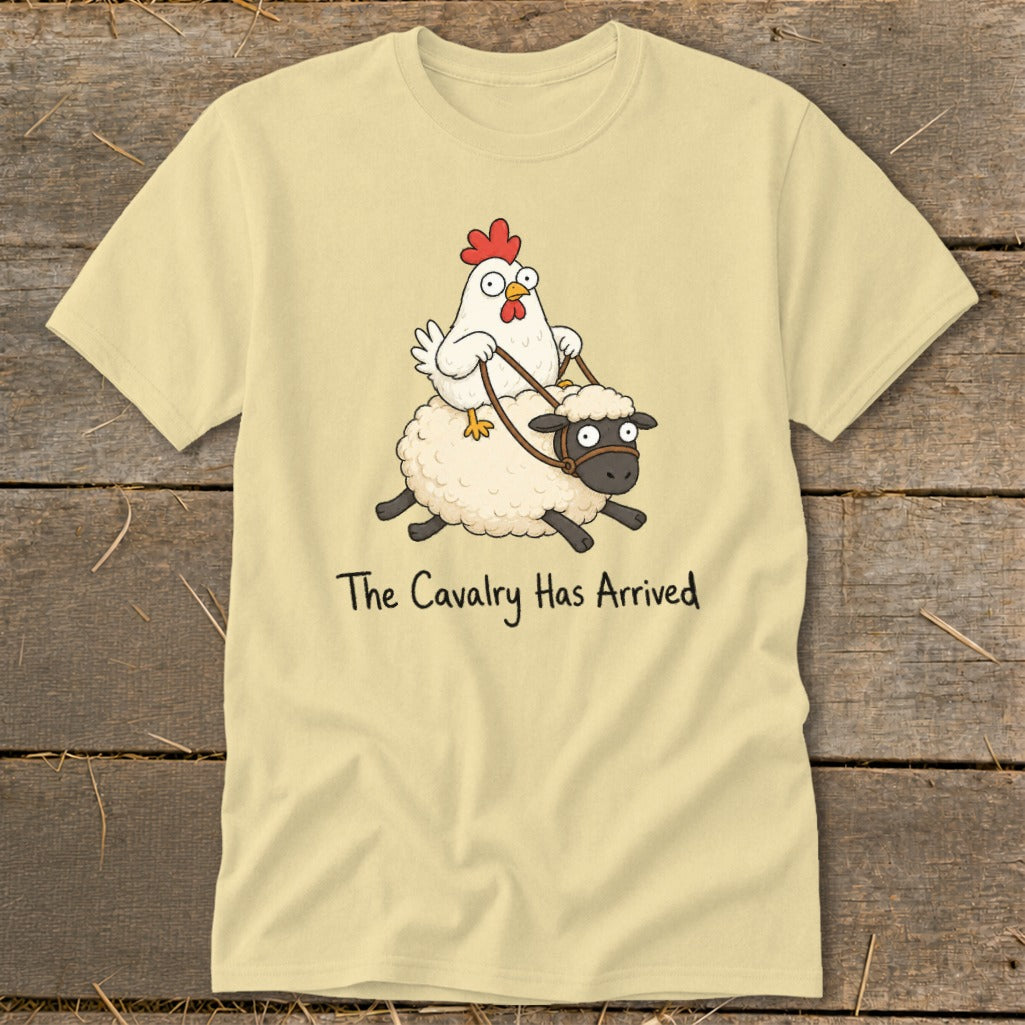 Cartoon chicken riding a sheep with the text "The Cavalry Has Arrived".