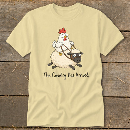 Cartoon chicken riding a sheep with the text "The Cavalry Has Arrived".