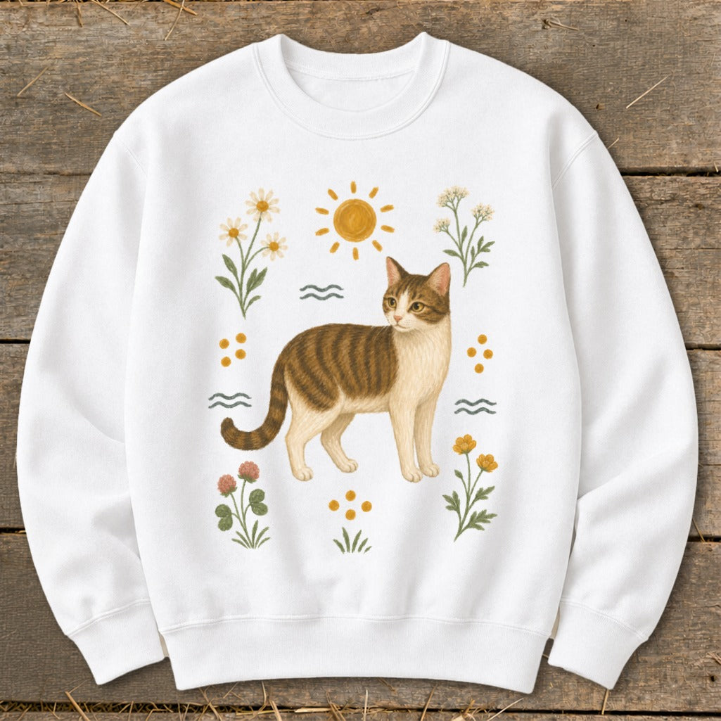 White sweatshirt with a tabby cat illustration surrounded by flowers and sun.
