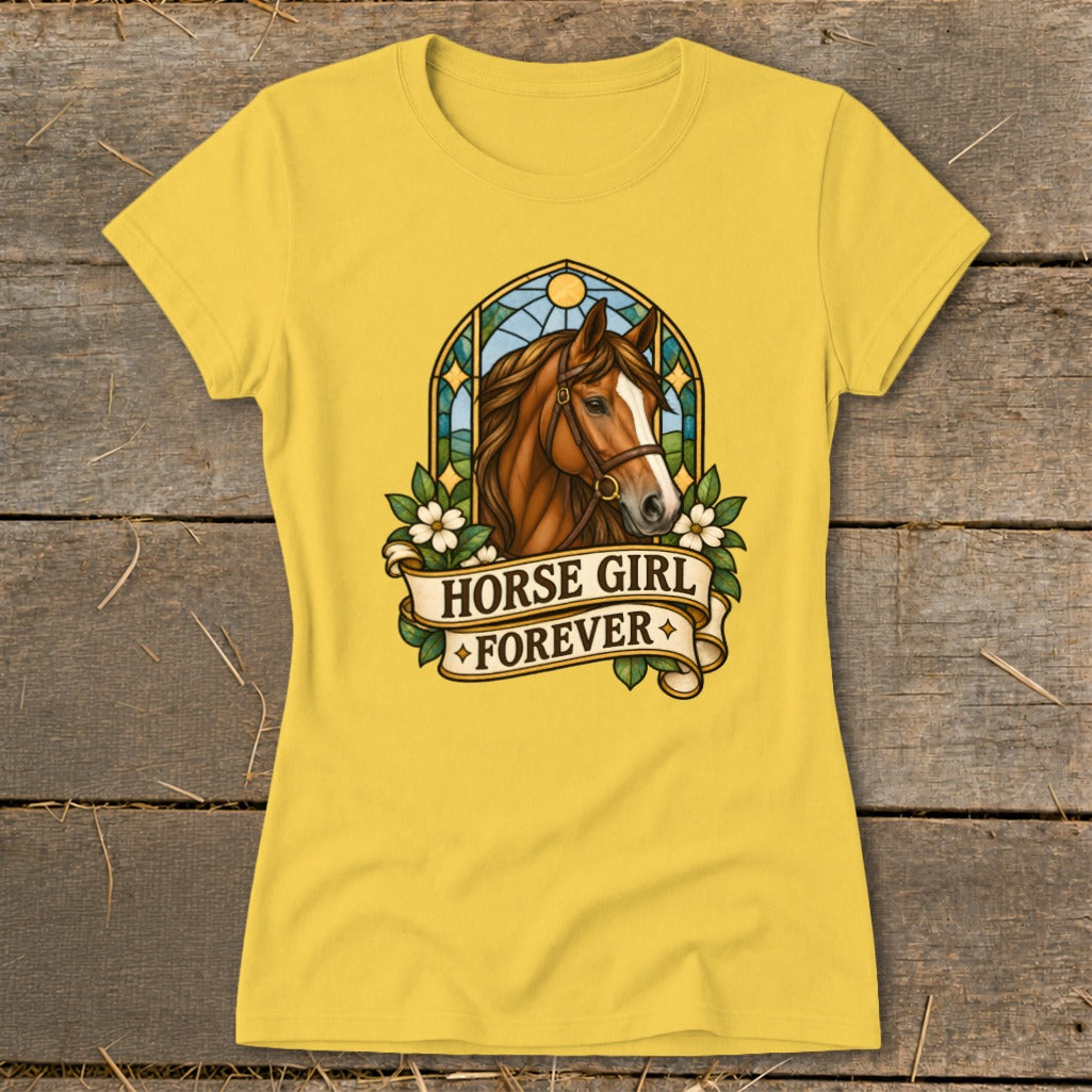 Yellow t-shirt with a horse head graphic and the text "HORSE GIRL FOREVER".