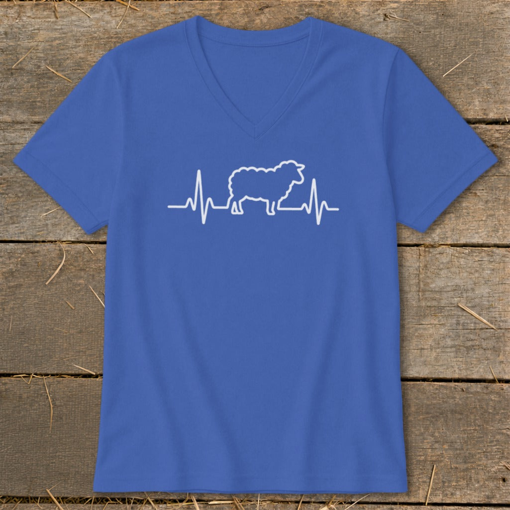 Royal blue V-neck t-shirt featuring a white graphic of a sheep integrated into a heartbeat line.