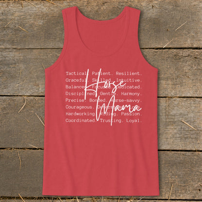 Red tank top with "Horse Mama" and descriptive words in white text.