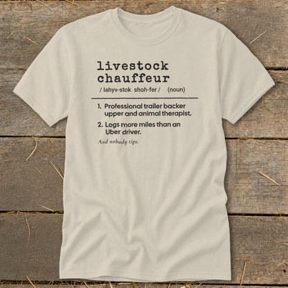 Cream t-shirt with "livestock chauffeur" definition and humorous phrases.