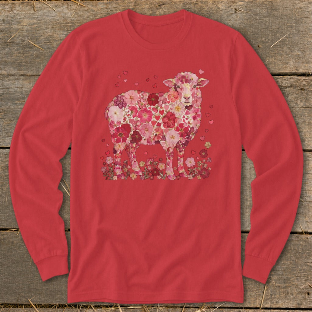 Red long-sleeve shirt with a floral sheep graphic and small hearts.