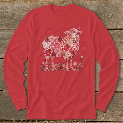 Red long-sleeve shirt with a floral sheep graphic and small hearts.
