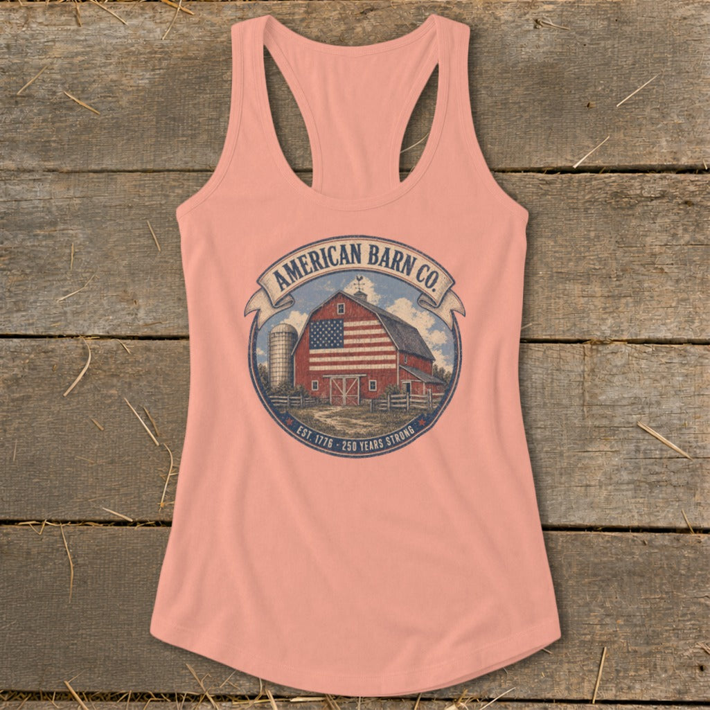 Peach tank top with "American Barn Co." logo featuring a barn and American flag.