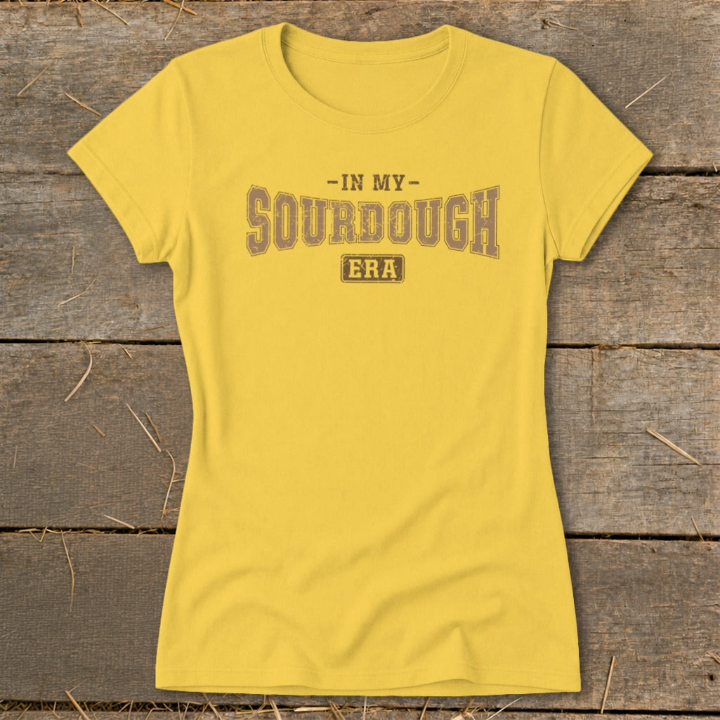 Yellow t-shirt with brown text that reads "-In My- Sourdough Era".