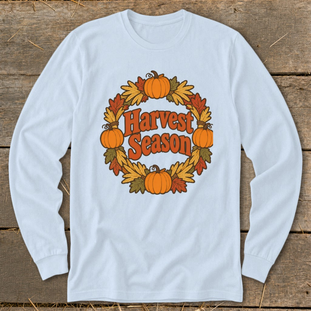 Light blue long-sleeve shirt with a "Harvest Season" graphic in a circular wreath.