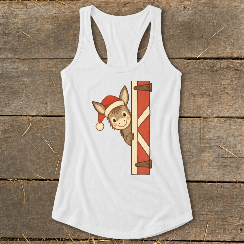 White tank top with a cartoon donkey wearing a Santa hat peeking around a barn door.