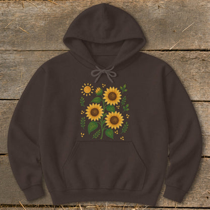 Brown hoodie with a cheerful sunflower and sun graphic design.