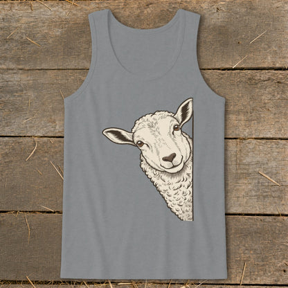 Gray tank top with a peek-a-boo sheep illustration on the front.