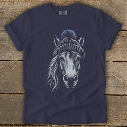 Navy t-shirt featuring a charcoal drawing of a horse wearing a blue beanie with a pom-pom.