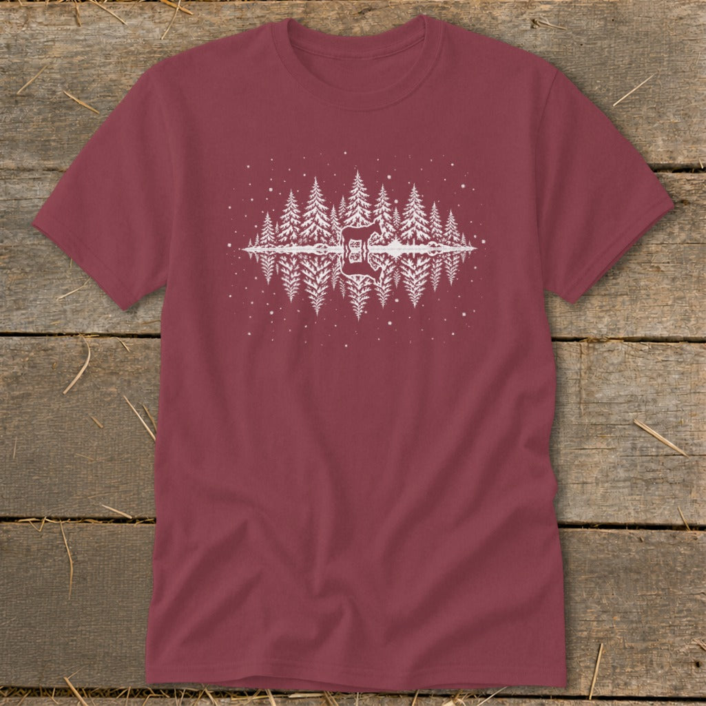 Maroon t-shirt with white graphic of trees and guitar reflected in water.