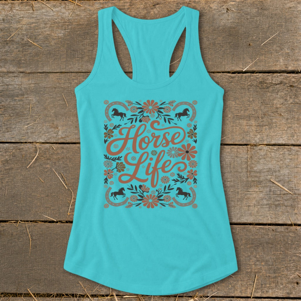 Turquoise tank top with "Horse Life" text surrounded by horses and floral designs.