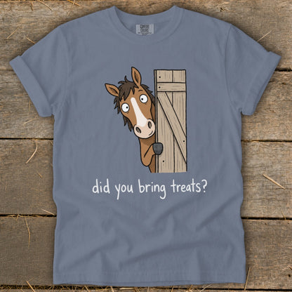 Horse peeking around a barn door asking "Did you bring treats?"