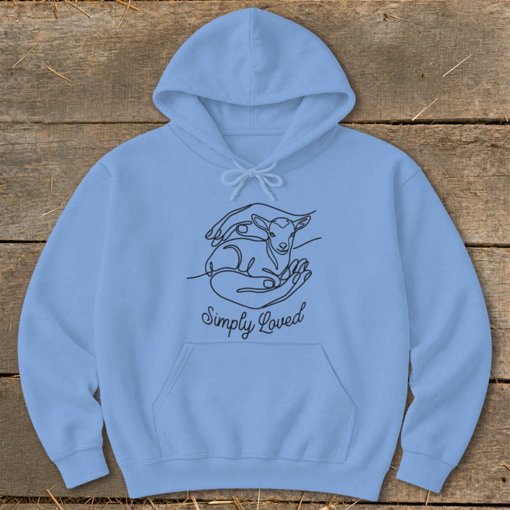 Light blue hoodie with a line drawing of hands holding a lamb, "Simply Loved" text.