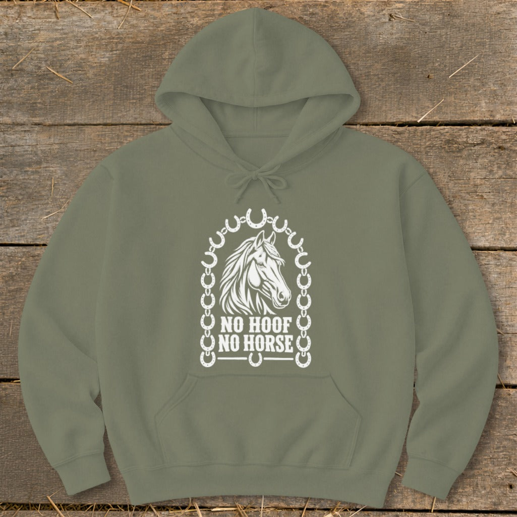 Olive green hoodie with white horse head graphic and "NO HOOF NO HORSE" text.