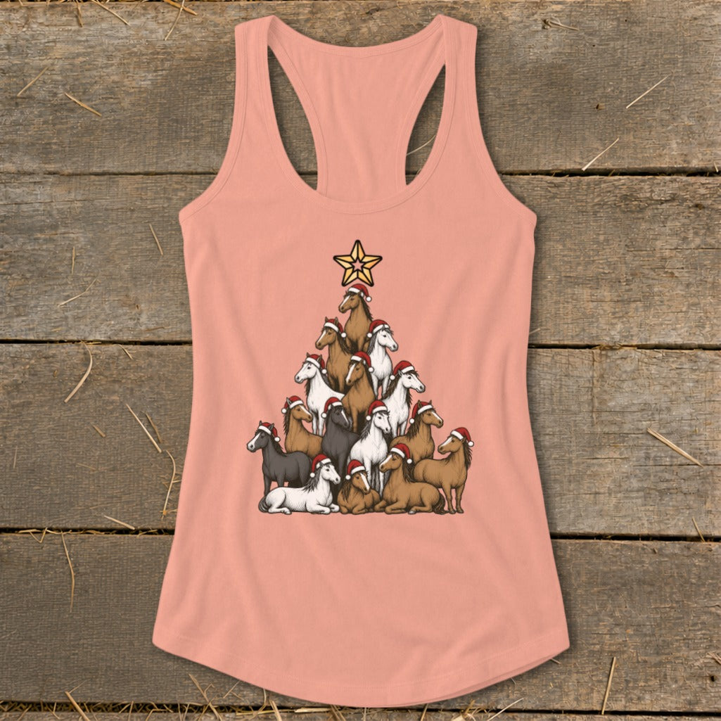 Peach tank top with a Christmas tree made of horses wearing Santa hats.