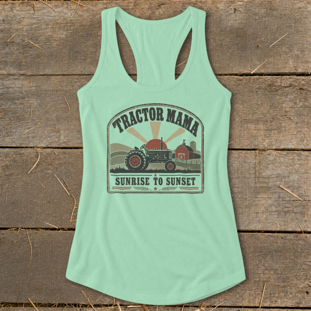 Mint green tank top with "Tractor Mama Sunrise to Sunset" graphic.