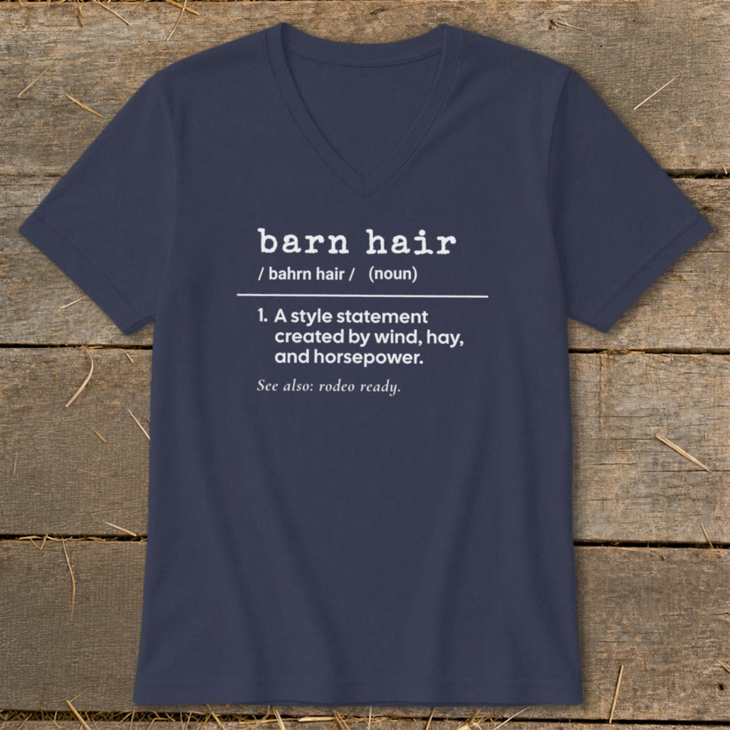 Navy v-neck t-shirt with "barn hair" definition printed in white text.