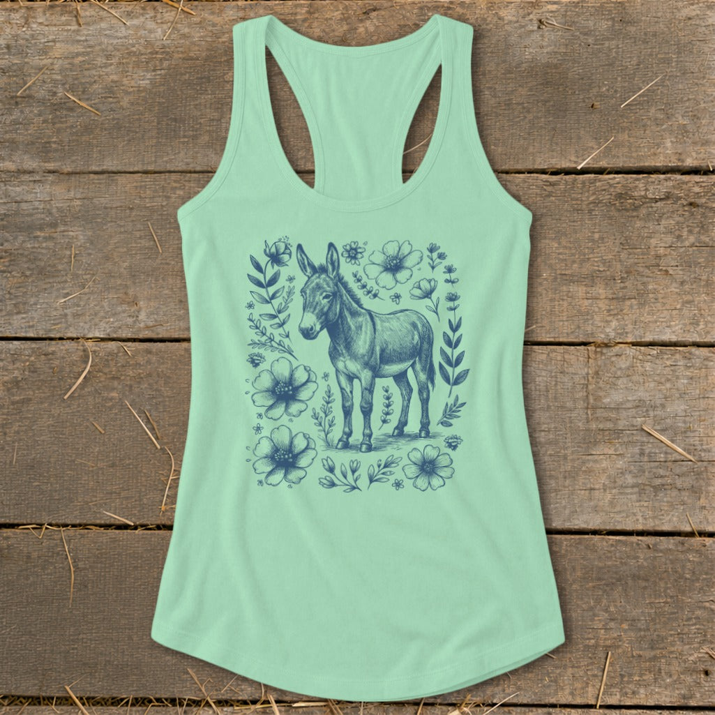 Mint green tank top with a navy blue donkey and floral graphic.