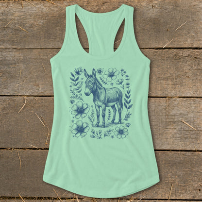 Mint green tank top with a navy blue donkey and floral graphic.