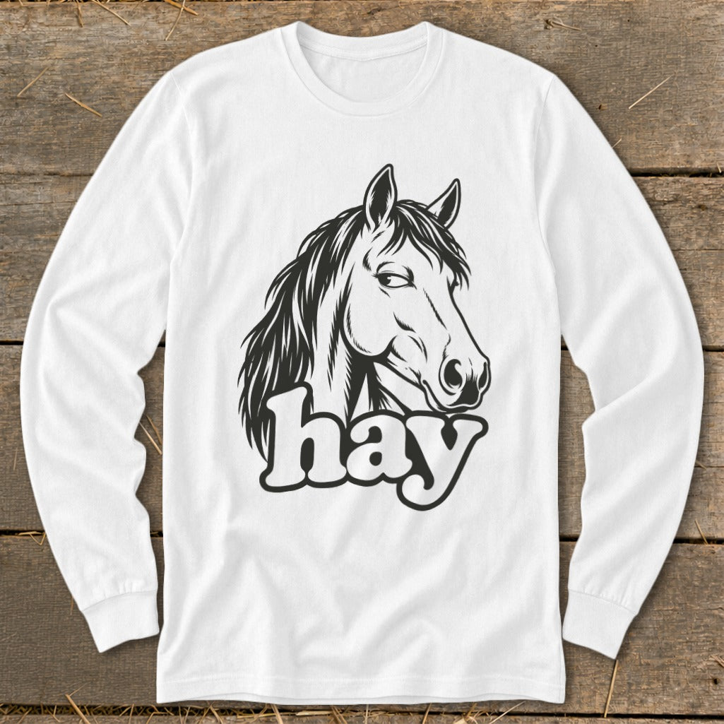 White long-sleeve shirt with a black graphic of a horse's head and the word "hay".