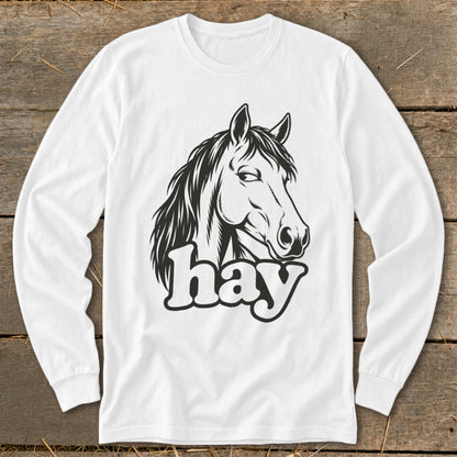 White long-sleeve shirt with a black graphic of a horse's head and the word "hay".