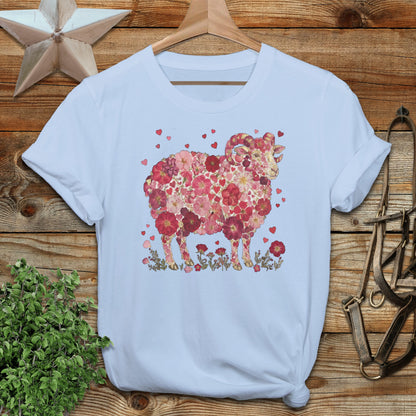 Floral Patterned Sheep Design on White T-shirt