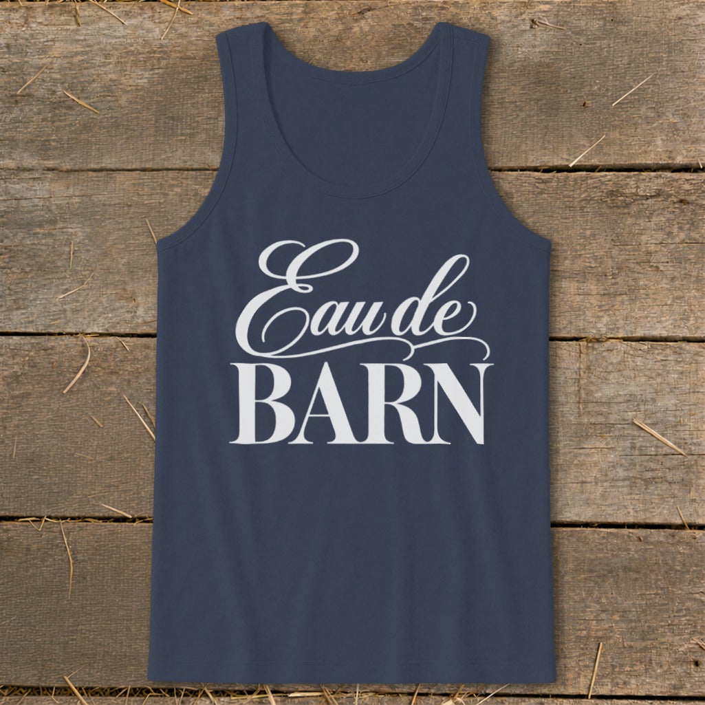 Navy tank top with "Eau de BARN" graphic.