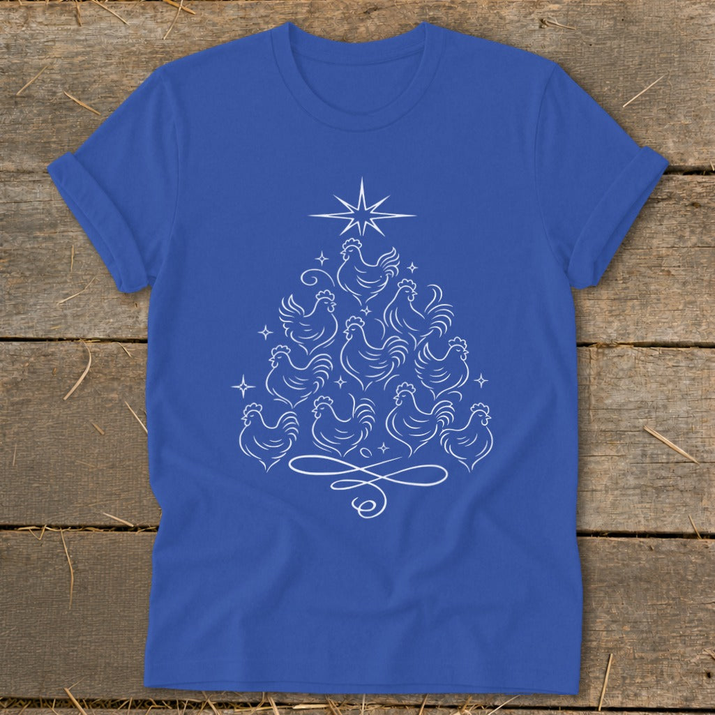 Royal blue t-shirt with a white line art Christmas tree made of chickens.