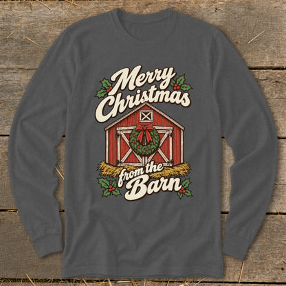 Dark gray long-sleeve shirt with "Merry Christmas from the Barn" text and barn graphic.