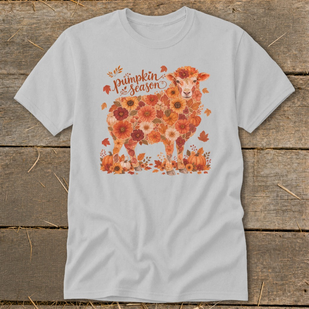 Light gray t-shirt with a sheep graphic made of fall flowers and pumpkins, with text "pumpkin season".