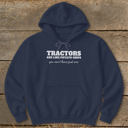 Navy hoodie with white text that reads "TRACTORS ARE LIKE POTATO CHIPS you can't have just one."