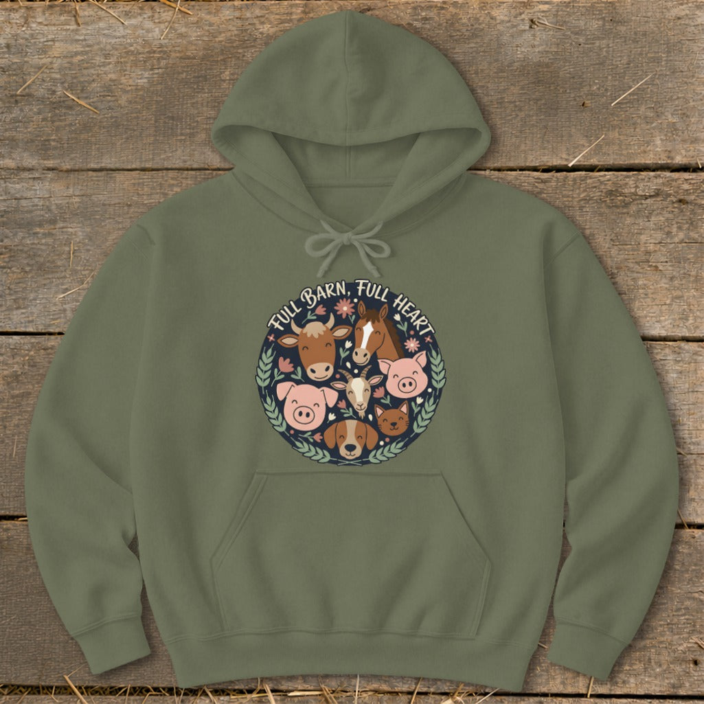 Olive green hoodie with circular barnyard animal print and text.
