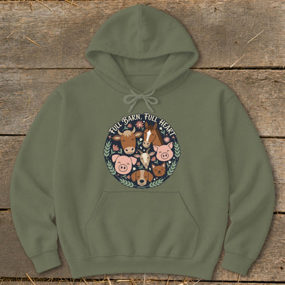 Olive green hoodie with circular barnyard animal print and text.