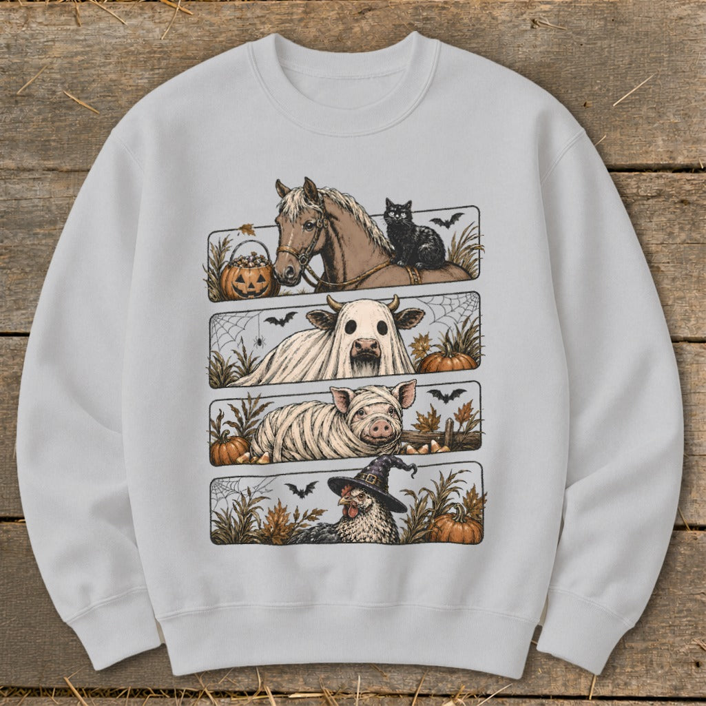 Sweatshirt with four Halloween farm animal designs: horse and cat, ghost cow, mummy pig, and chicken in witch hat.