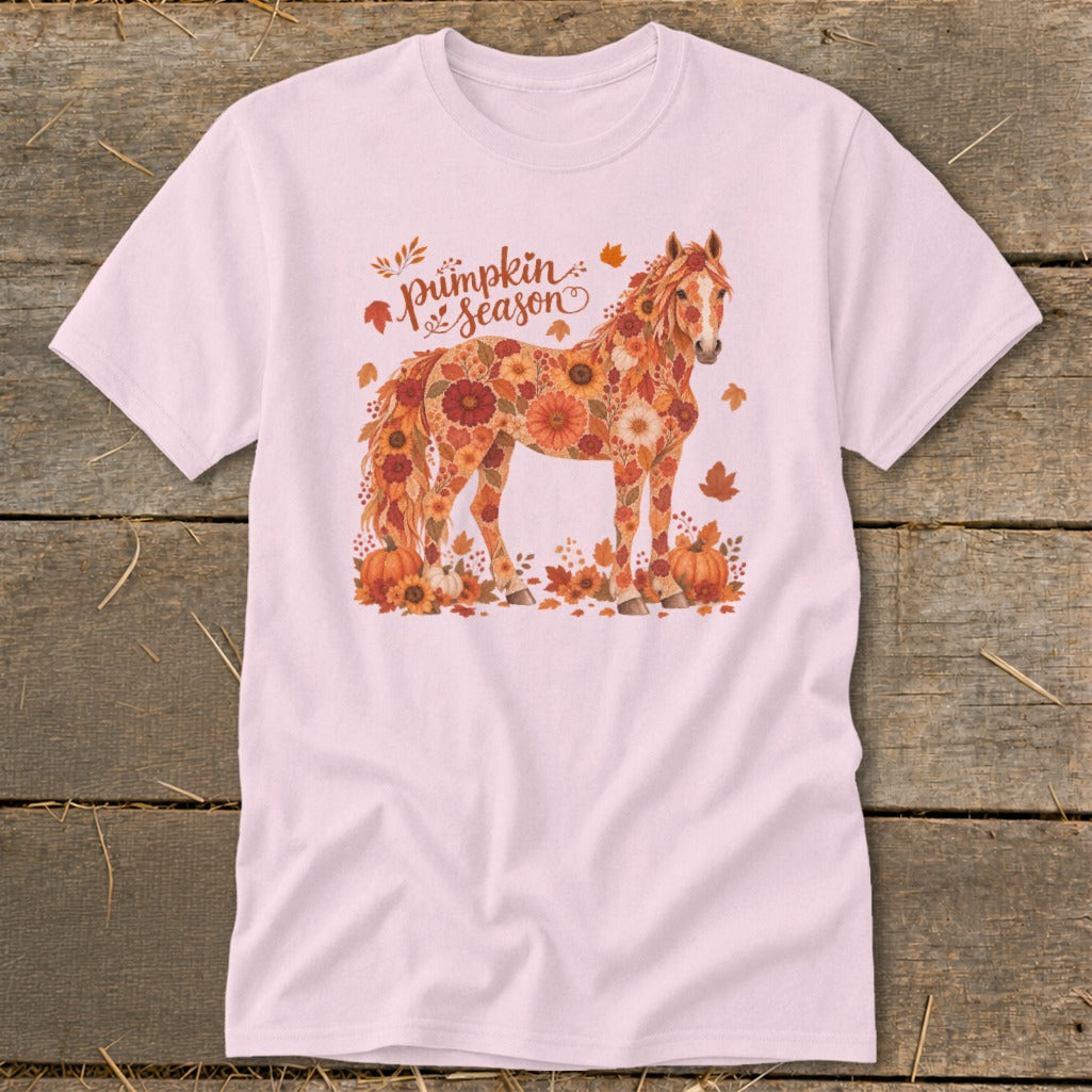 Pink t-shirt with a floral horse and "Pumpkin Season" text.