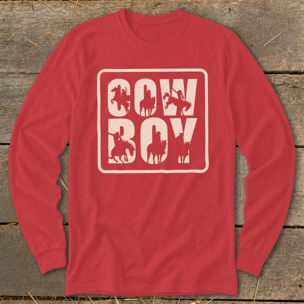 Red long-sleeve shirt with "Cowboy" text and cowboy silhouettes.