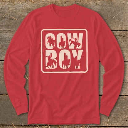 Red long-sleeve shirt with "Cowboy" text and cowboy silhouettes.