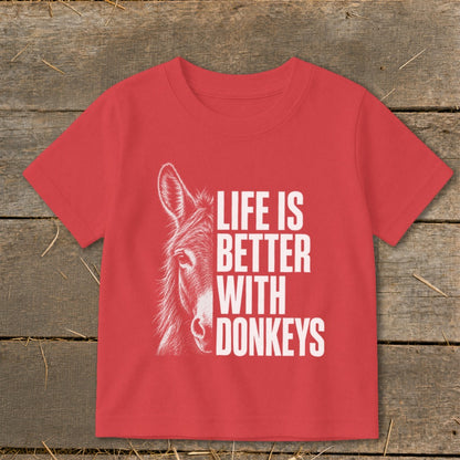 Red t-shirt with a donkey illustration and text "LIFE IS BETTER WITH DONKEYS".