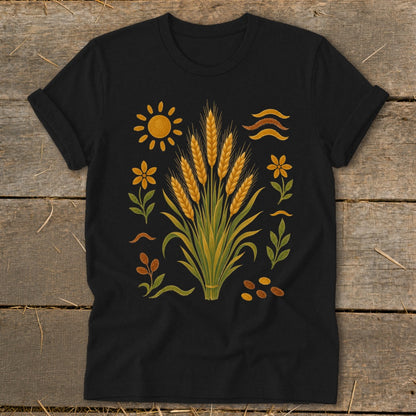 Black t-shirt with a central wheat stalk design surrounded by sun and floral accents.