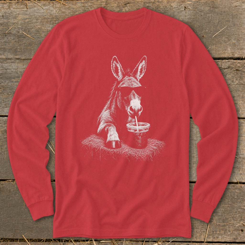 Red long-sleeved shirt with a white sketch of a donkey wearing sunglasses drinking from a cup.