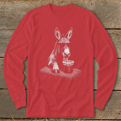 Red long-sleeved shirt with a white sketch of a donkey wearing sunglasses drinking from a cup.