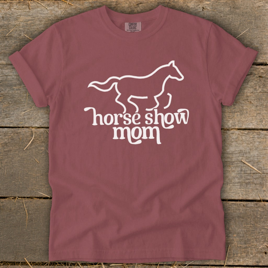 Maroon t-shirt with white horse graphic and "horse show mom" text.