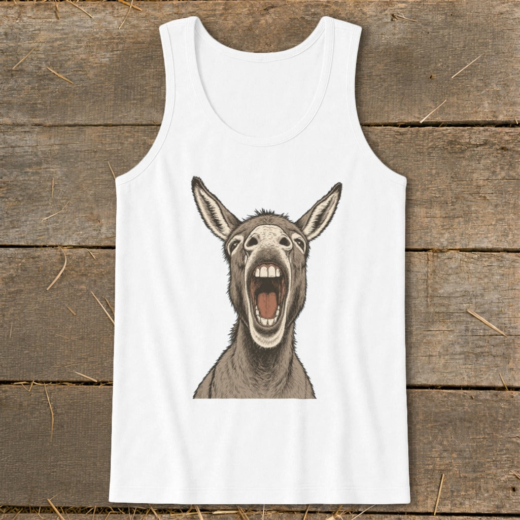 White tank top with a close-up illustration of a donkey's head with its mouth open.